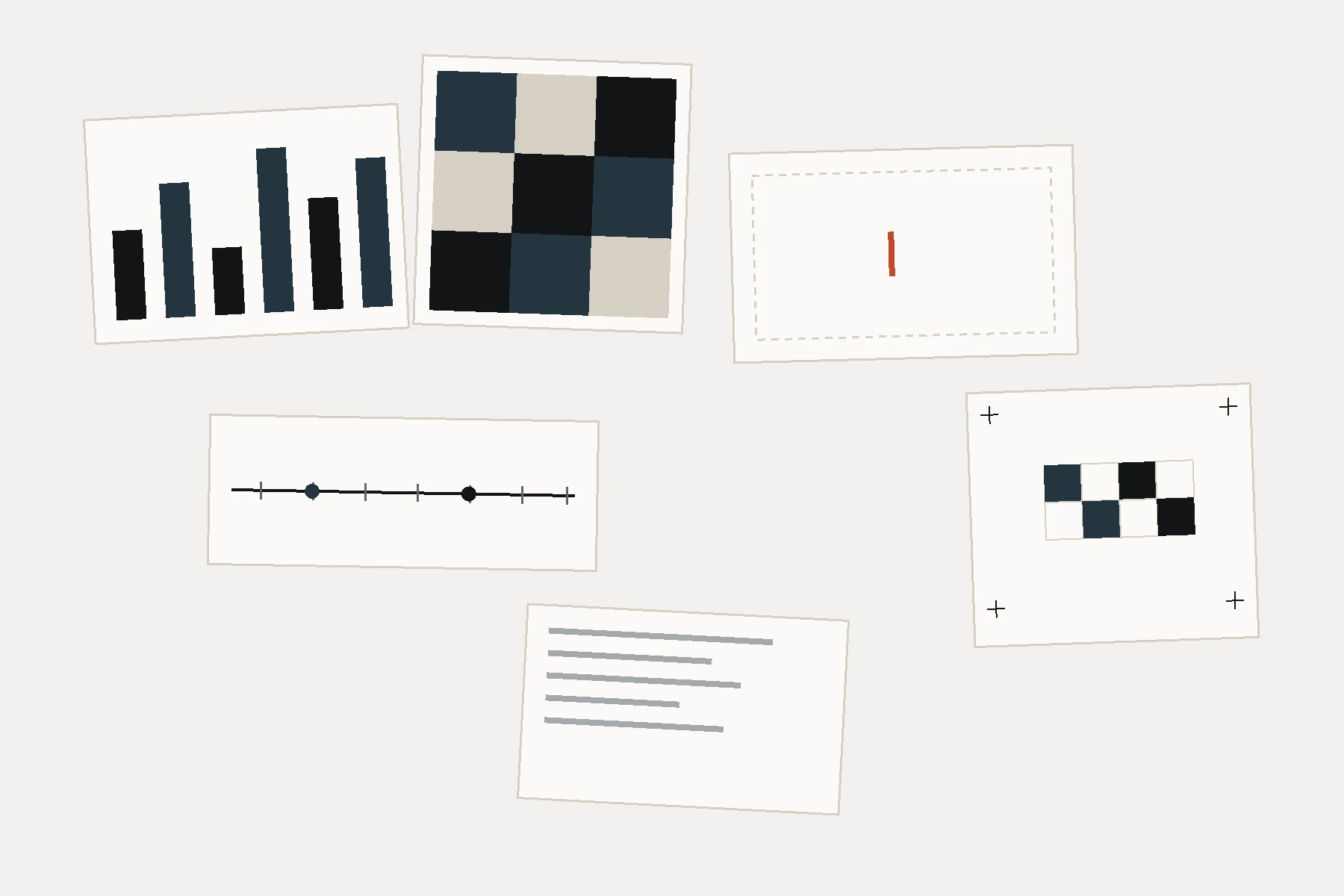 A layered collage of interface studies, signal bars, grids, zone diagrams, and incomplete visual systems representing iterative framework experiments.
